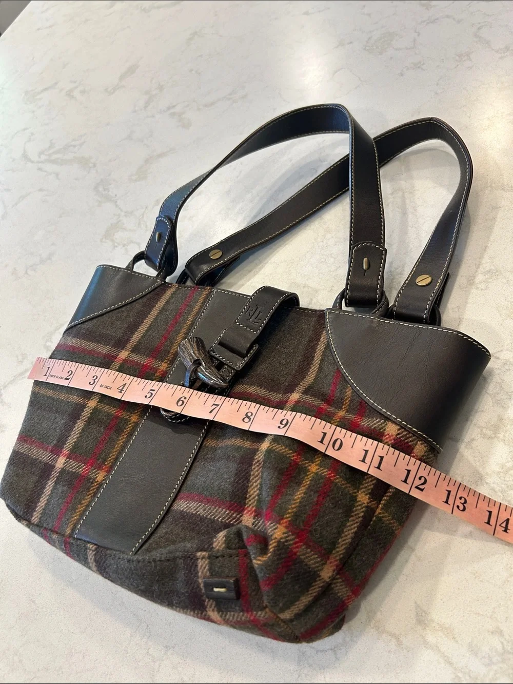 VTG Y2K Lauren Ralph Plaid Hobo with Dark Brown Leather Trim Equestrian Preppy